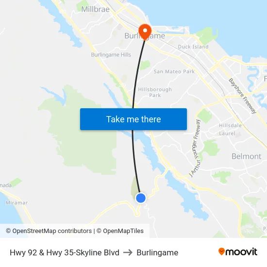 Hwy 92 & Hwy 35-Skyline Blvd to Burlingame map