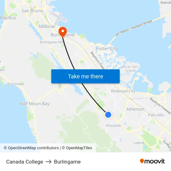 Canada College to Burlingame map