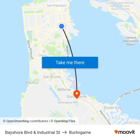 Bayshore Blvd & Industrial St to Burlingame map