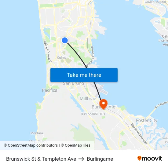 Brunswick St & Templeton Ave to Burlingame map