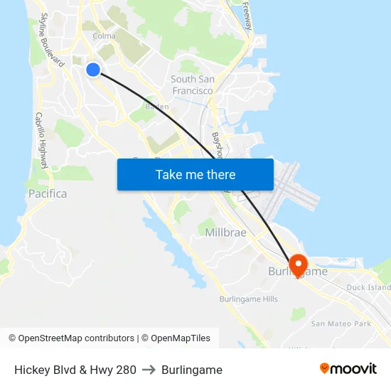 Hickey Blvd & Hwy 280 to Burlingame map