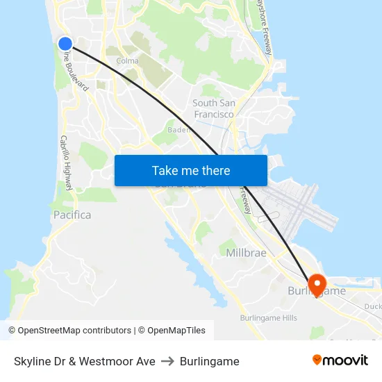 Skyline Dr & Westmoor Ave to Burlingame map