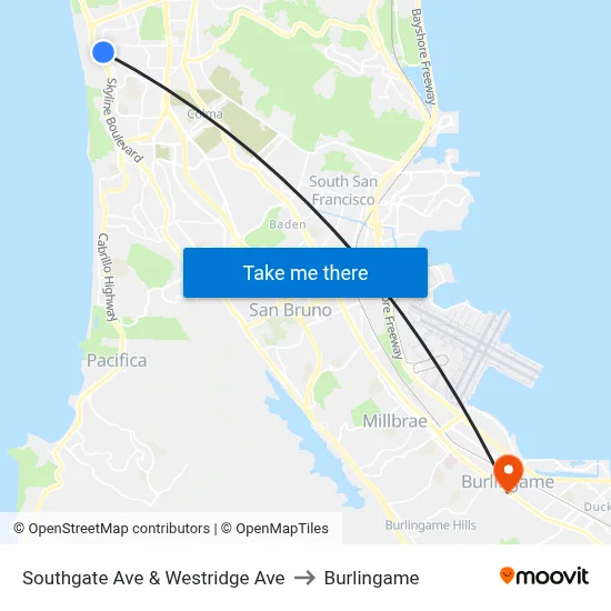 Southgate Ave & Westridge Ave to Burlingame map