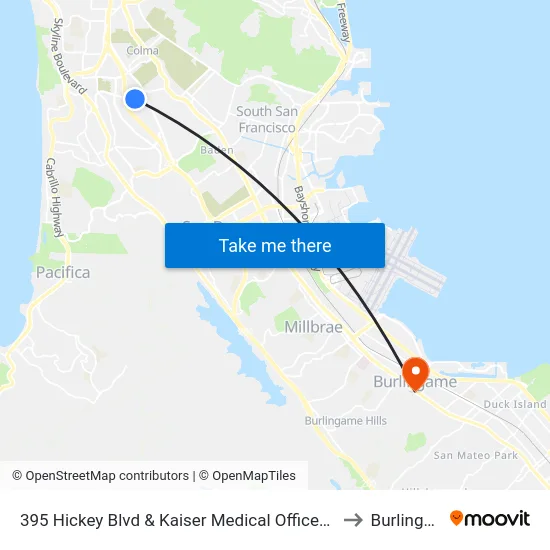 395 Hickey Blvd & Kaiser Medical Offices Driveway to Burlingame map