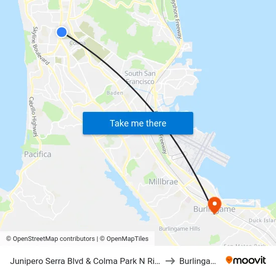 Junipero Serra Blvd & Colma Park N Ride to Burlingame map