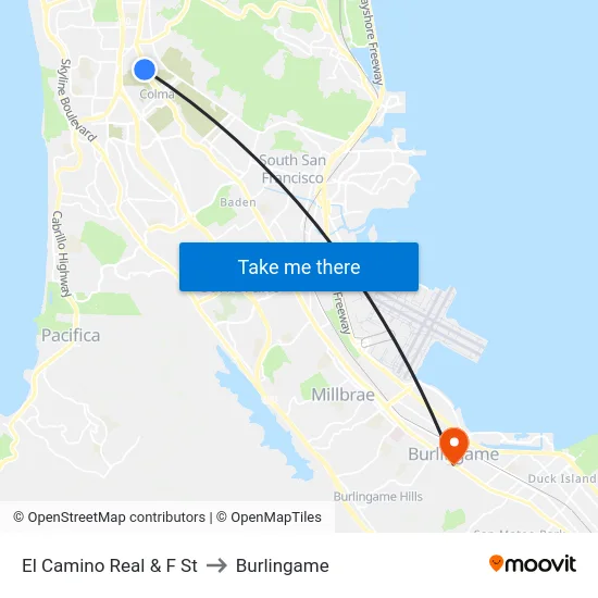 El Camino Real & F St to Burlingame map
