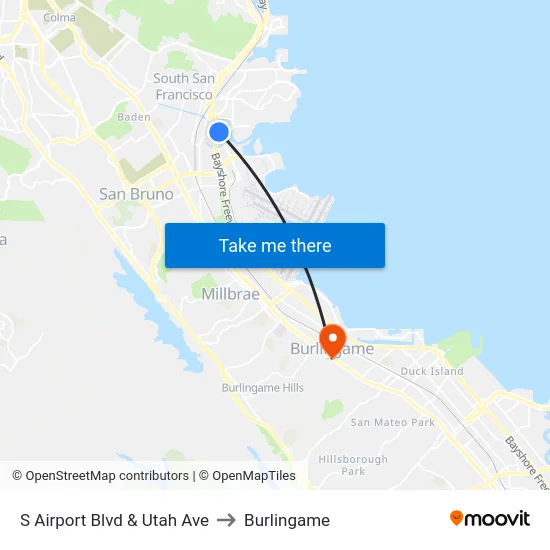 S Airport Blvd & Utah Ave to Burlingame map