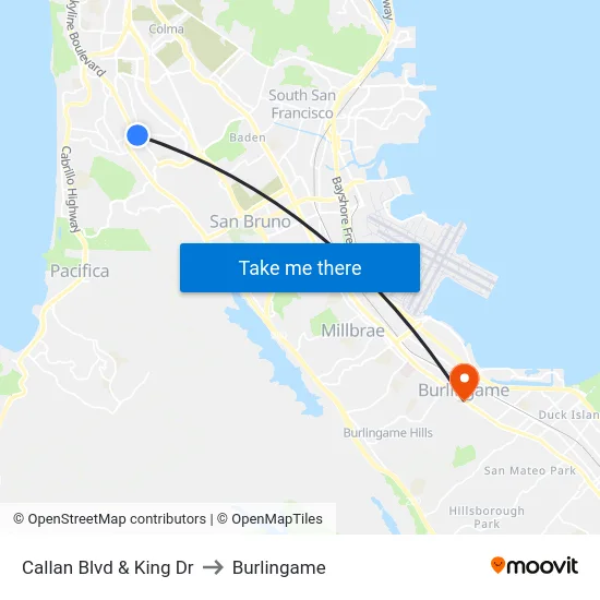 Callan Blvd & King Dr to Burlingame map