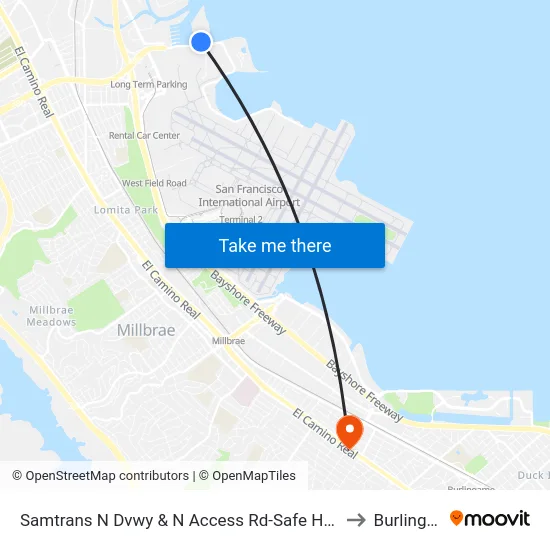 Samtrans N Dvwy & N Access Rd-Safe Harbor Shelter to Burlingame map