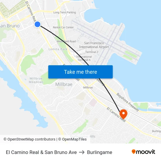 El Camino Real & San Bruno Ave to Burlingame map