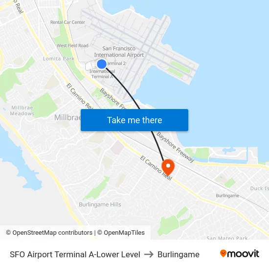SFO Airport Terminal A-Lower Level to Burlingame map