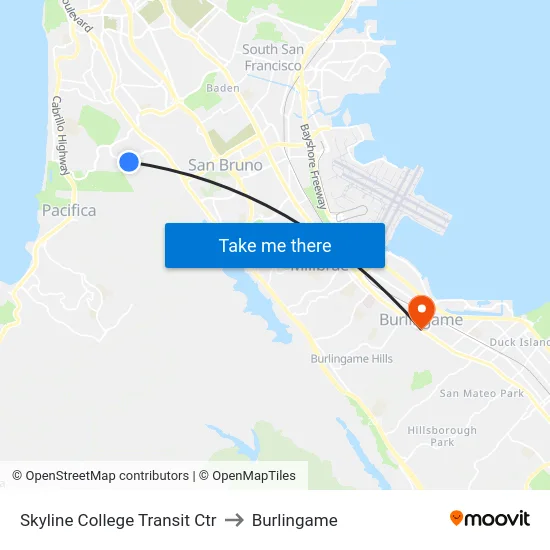 Skyline College Transit Ctr to Burlingame map