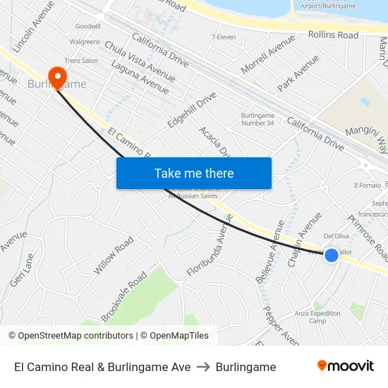 El Camino Real & Burlingame Ave to Burlingame map