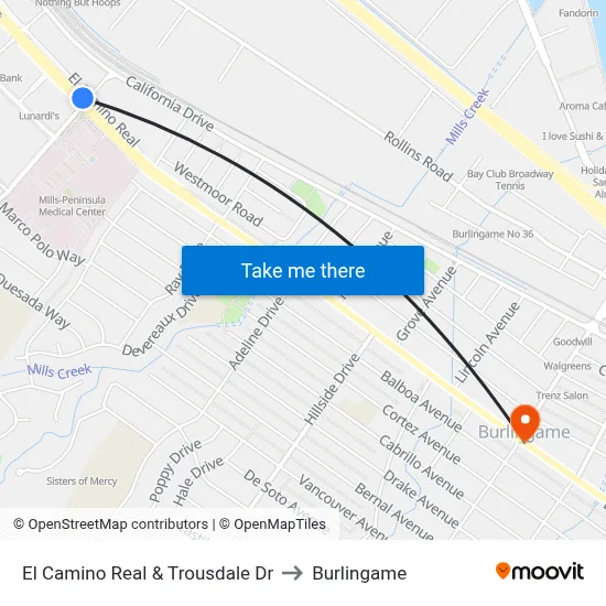 El Camino Real & Trousdale Dr to Burlingame map