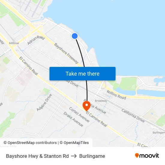 Bayshore Hwy & Stanton Rd to Burlingame map