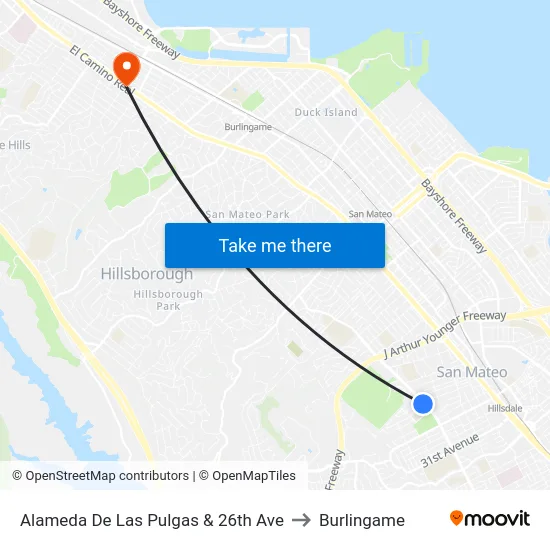 Alameda De Las Pulgas & 26th Ave to Burlingame map