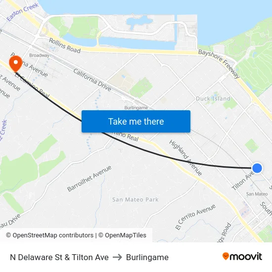 N Delaware St & Tilton Ave to Burlingame map