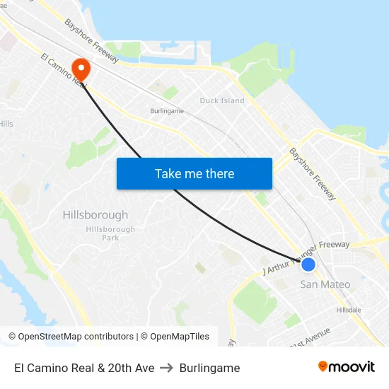 El Camino Real & 20th Ave to Burlingame map