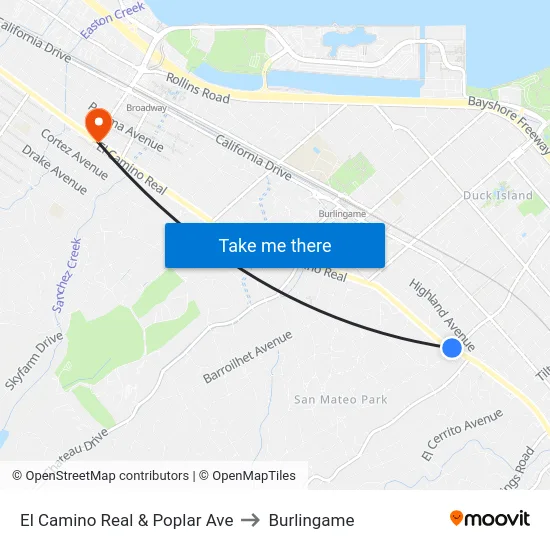 El Camino Real & Poplar Ave to Burlingame map