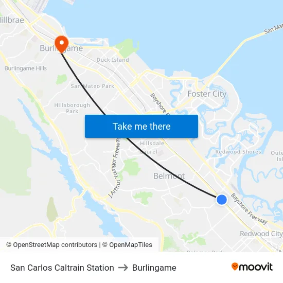 San Carlos Caltrain Station to Burlingame map