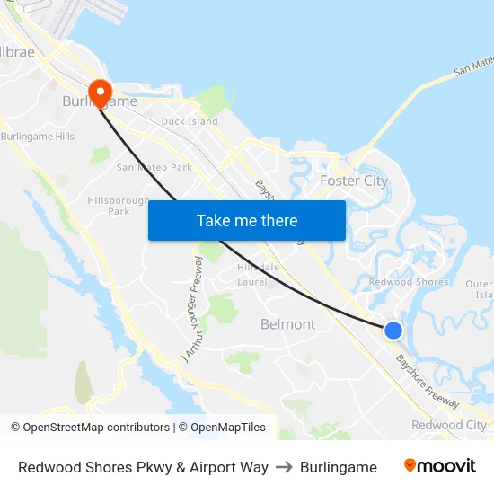 Redwood Shores Pkwy & Airport Way to Burlingame map