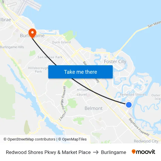 Redwood Shores Pkwy & Market Place to Burlingame map