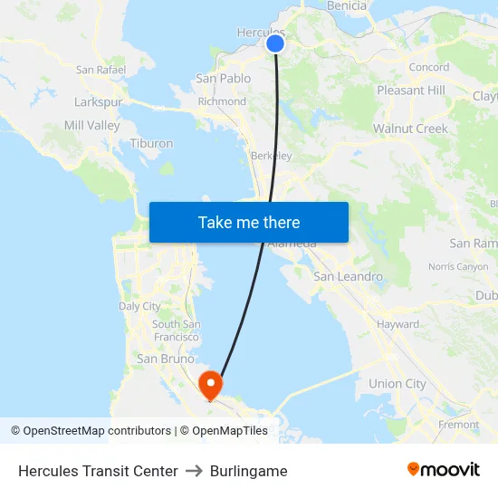 Hercules Transit Center to Burlingame map