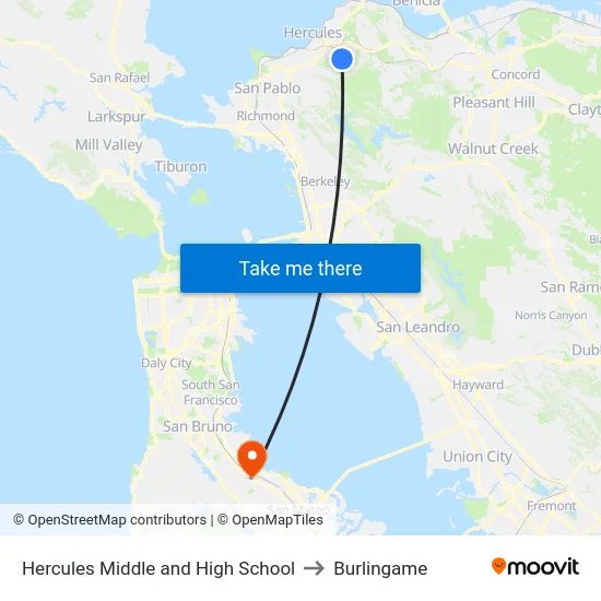 Hercules Middle and High School to Burlingame map