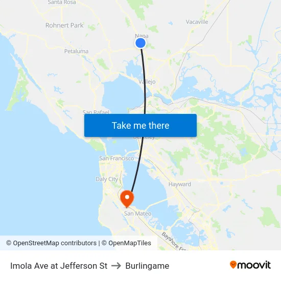 Imola Ave at Jefferson St to Burlingame map