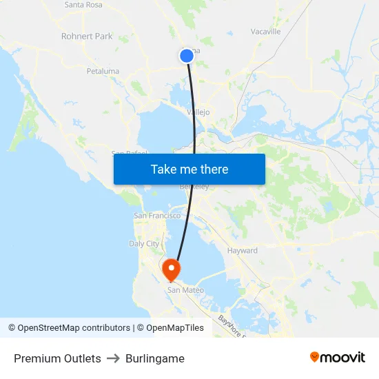 Premium Outlets to Burlingame map