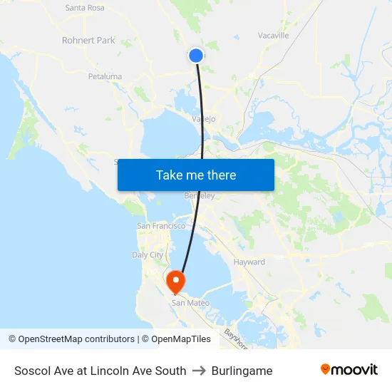 Soscol Ave at Lincoln Ave South to Burlingame map