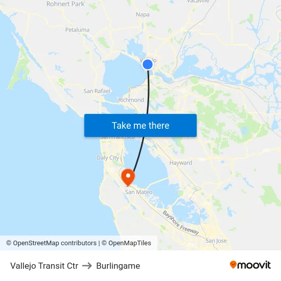 Vallejo Transit Ctr to Burlingame map