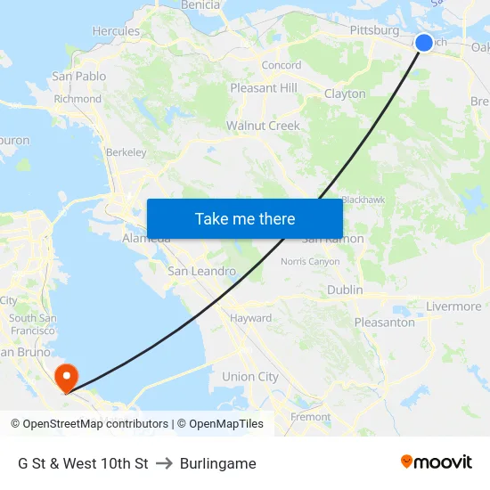 G St & West 10th St to Burlingame map