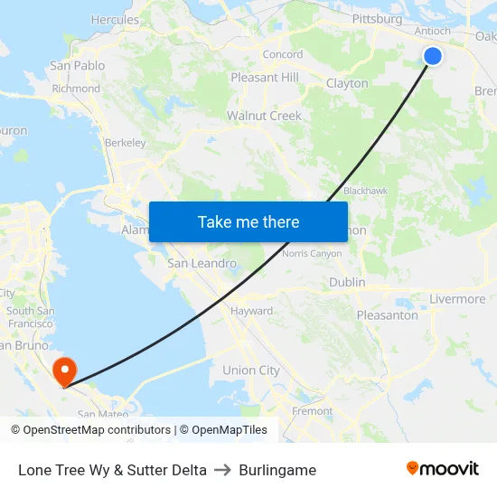 Lone Tree Wy & Sutter Delta to Burlingame map
