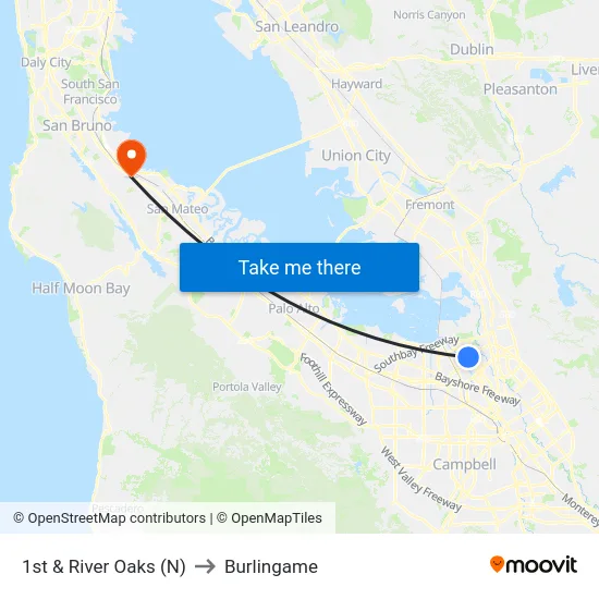 1st & River Oaks (N) to Burlingame map