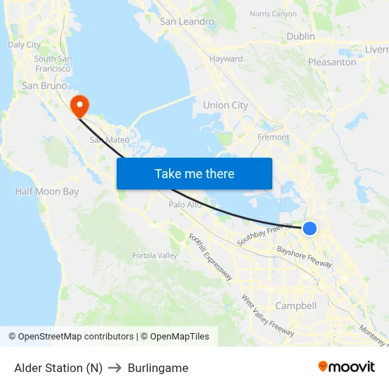 Alder Station (N) to Burlingame map