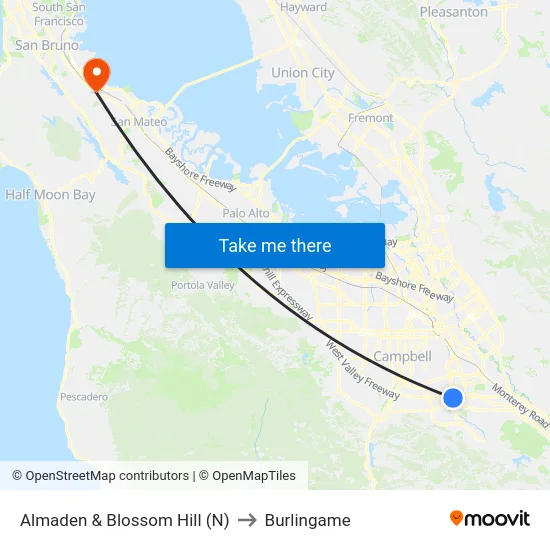 Almaden & Blossom Hill (N) to Burlingame map