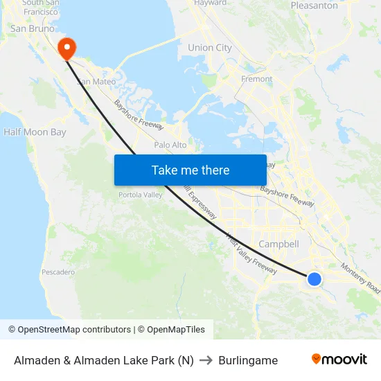 Almaden & Almaden Lake Park (N) to Burlingame map