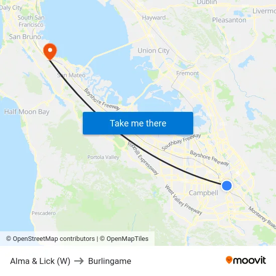 Alma & Lick (W) to Burlingame map