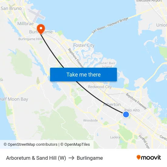 Arboretum & Sand Hill (W) to Burlingame map