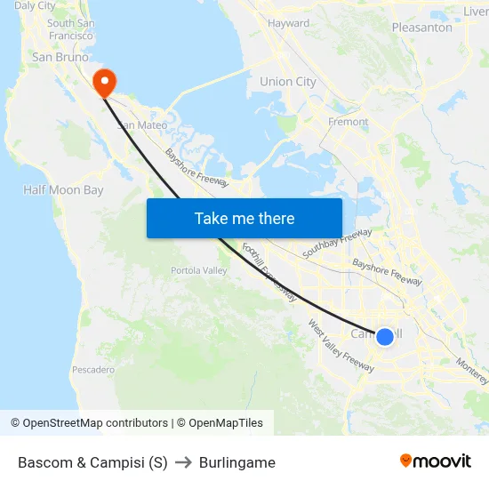 Bascom & Campisi (S) to Burlingame map