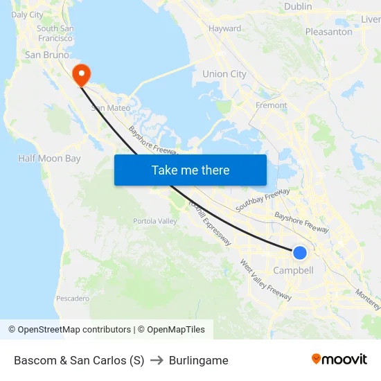 Bascom & San Carlos (S) to Burlingame map