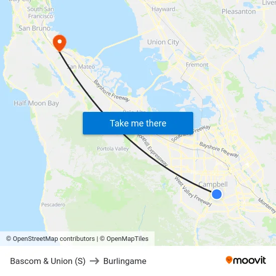 Bascom & Union (S) to Burlingame map