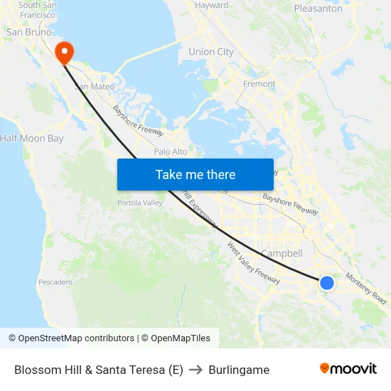 Blossom Hill & Santa Teresa (E) to Burlingame map