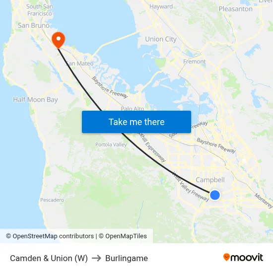 Camden & Union (W) to Burlingame map