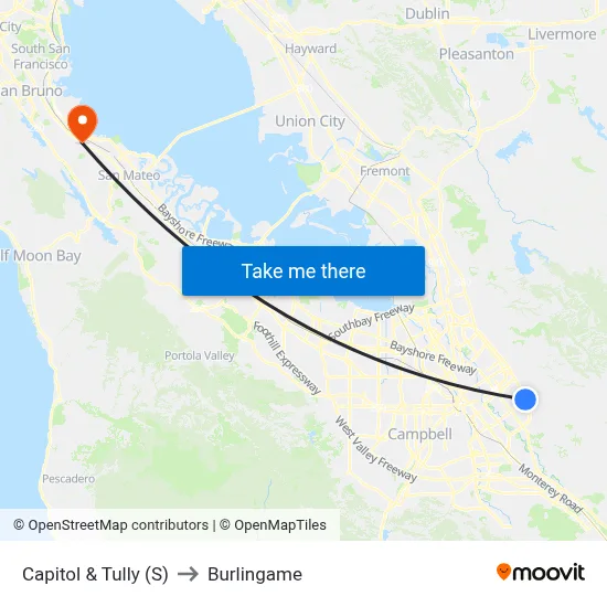 Capitol & Tully (S) to Burlingame map