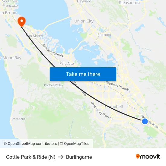 Cottle Park & Ride (N) to Burlingame map