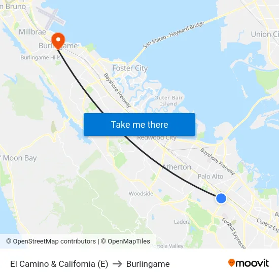 El Camino & California (E) to Burlingame map