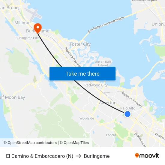 El Camino & Embarcadero (N) to Burlingame map