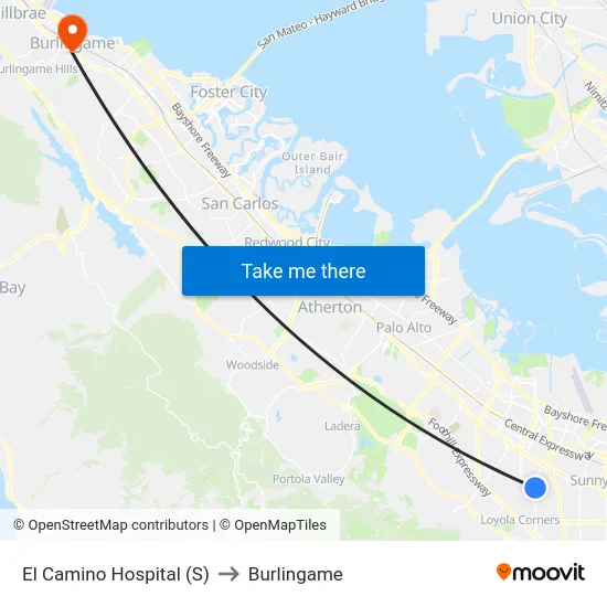 El Camino Hospital (S) to Burlingame map